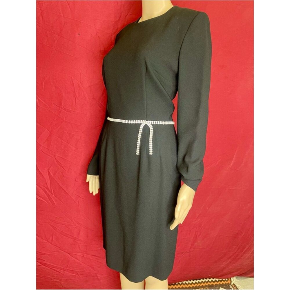Vintage Linda Allard Ellen Tracy Black Rhinestone Crystal Tennis Belted Dress 8
